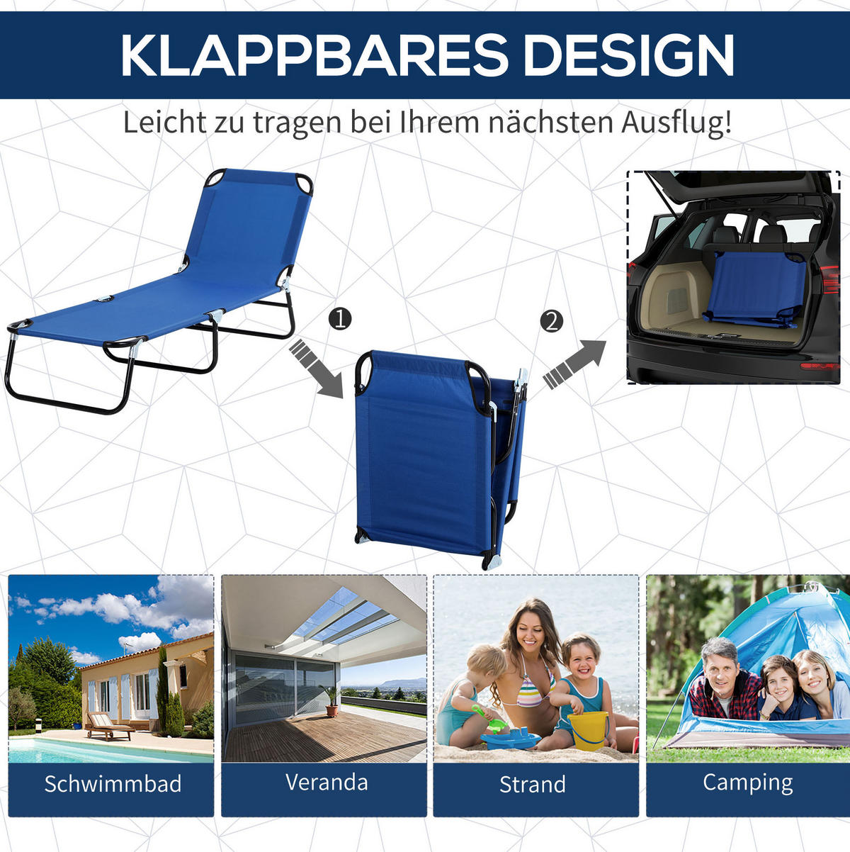 SONNENLIEGE aus Metall 187x58x36 cm Blau mit Sonnendach, klappbar und 4-fach verstellbarer Rückenlehne - Blau, Metall (58/36/187cm) - Modfu
