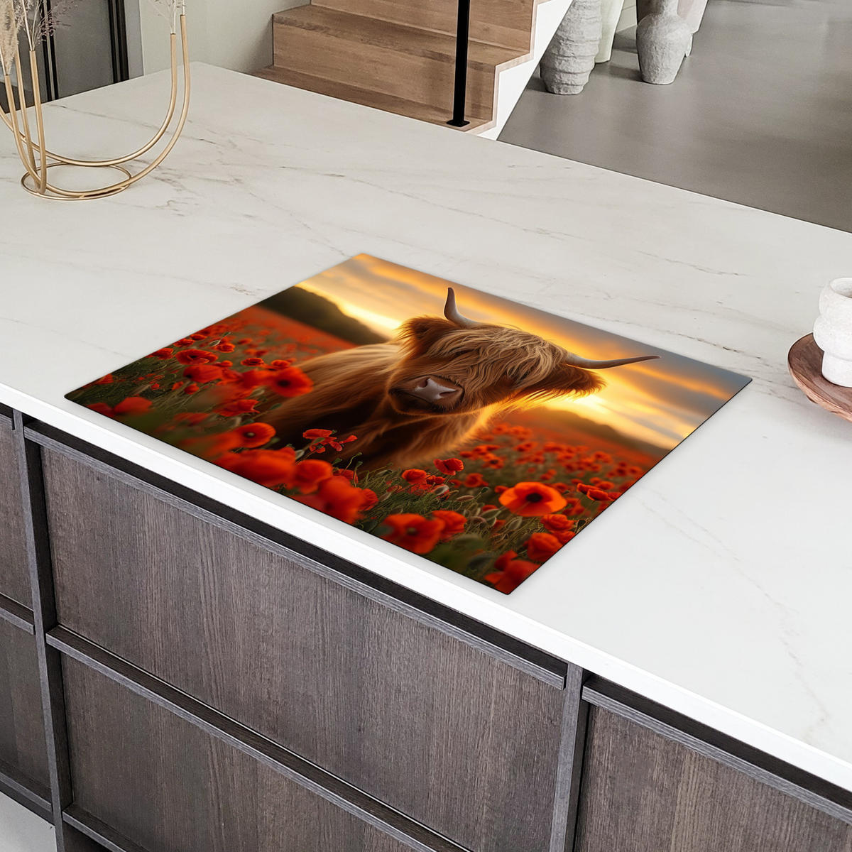 HERDABDECKPLATTE Schottische Highlander - Rosen - Blumenfeld - Sonnenuntergang Induktionsmatte 77x59 cm - Rotbraun, Kunststoff (77/59/0.2cm) - MuchoWow