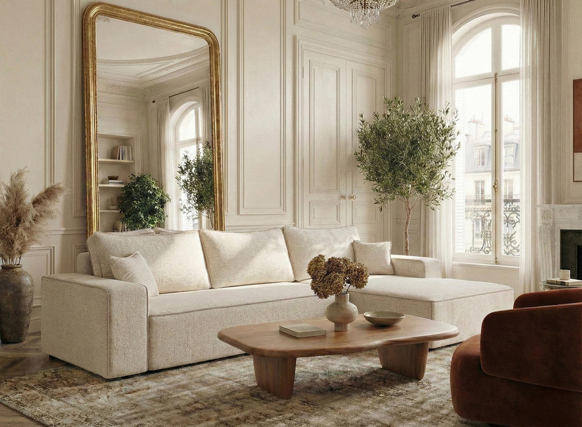 ECKSOFA MIT SCHLAFFUNKTION Modo Hellblau Chenille-Stoff - Rechts Seite - Beige/Creme, Holz/Holzwerkstoff (294/185cm) - Maison de Reve