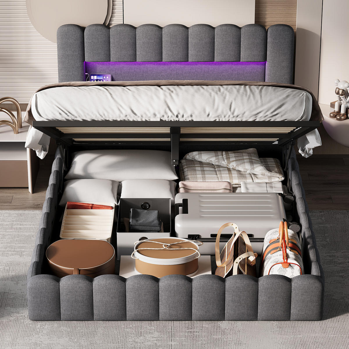 STAURAUMBETT 140x200 cm Doppelbett, mit USB-Anschluss und LED-Beleuchtung, Leinenstoff, Grau - Grau, Holz (140/200cm) - BRILVERDE