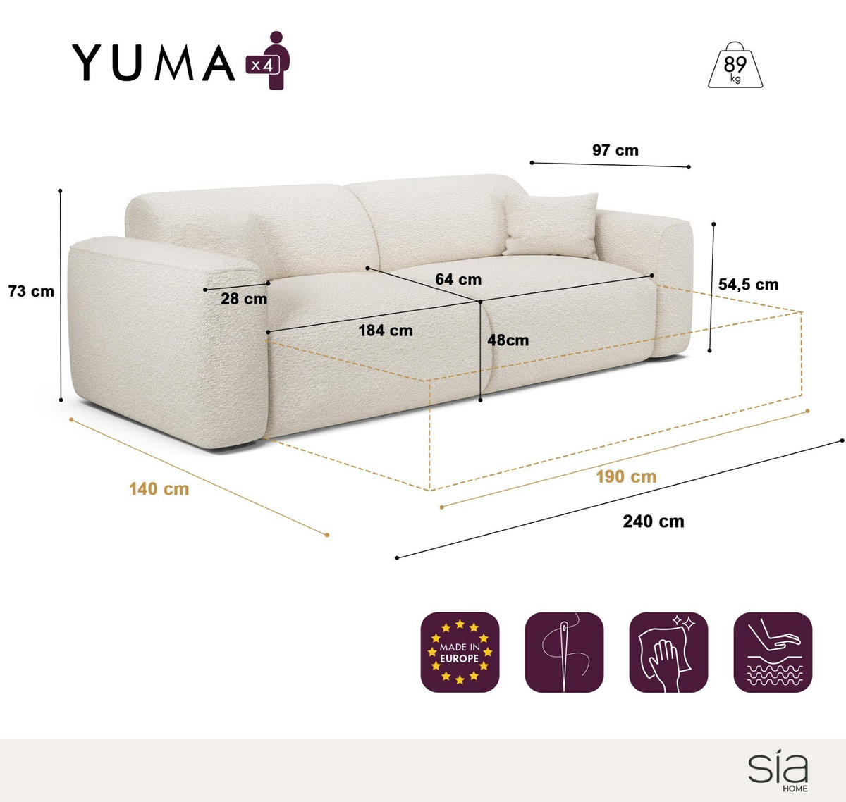 SCHLAFSOFA GERADE Bouclé-Stoff Olivgrün 240cm - Olivgrün, Textil (240/73/97cm) - Sia Home