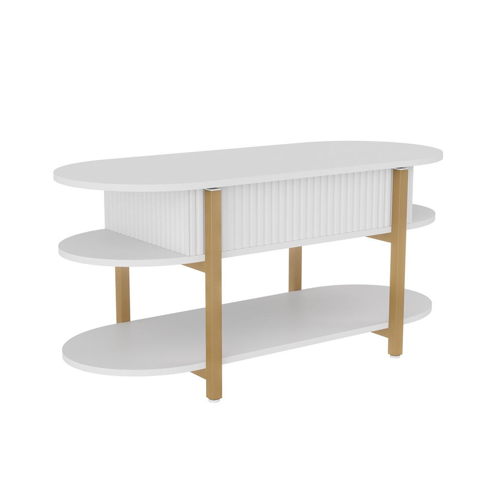 COUCHTISCH - Höhenverstellbarer Couchtisch - Ovaler Lift-Top Tisch mit Stauraum und Goldbeinen - Weiß - Weiß, Holzwerkstoff (45/106/50cm) - DELFA