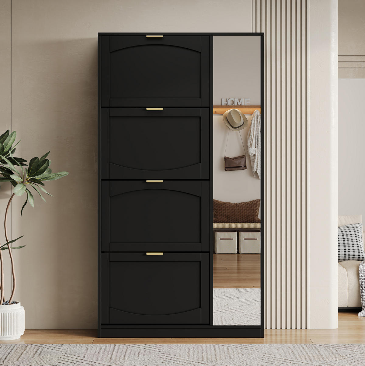SCHUHSCHRANK aus Spanplatte 80x24x147cm in Schwarz mit Spiegeltüren - Schwarz, Holzwerkstoff (80/147/24cm) - Modfu