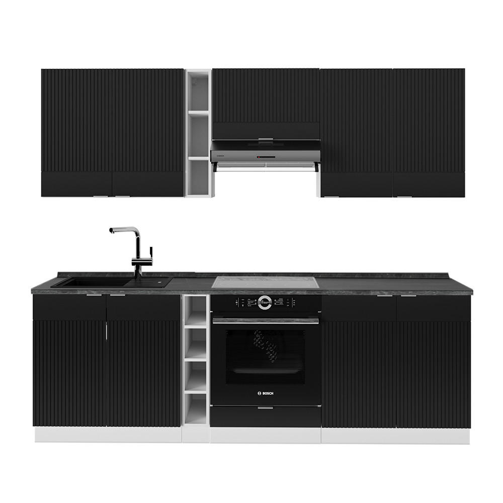 KÜCHENZEILE Fame-Line, Schwarz gestreift/Weiß, 235 cm, AP Anthrazit - Schwarz, Holzwerkstoff (235/81.6/60cm) - Vicco