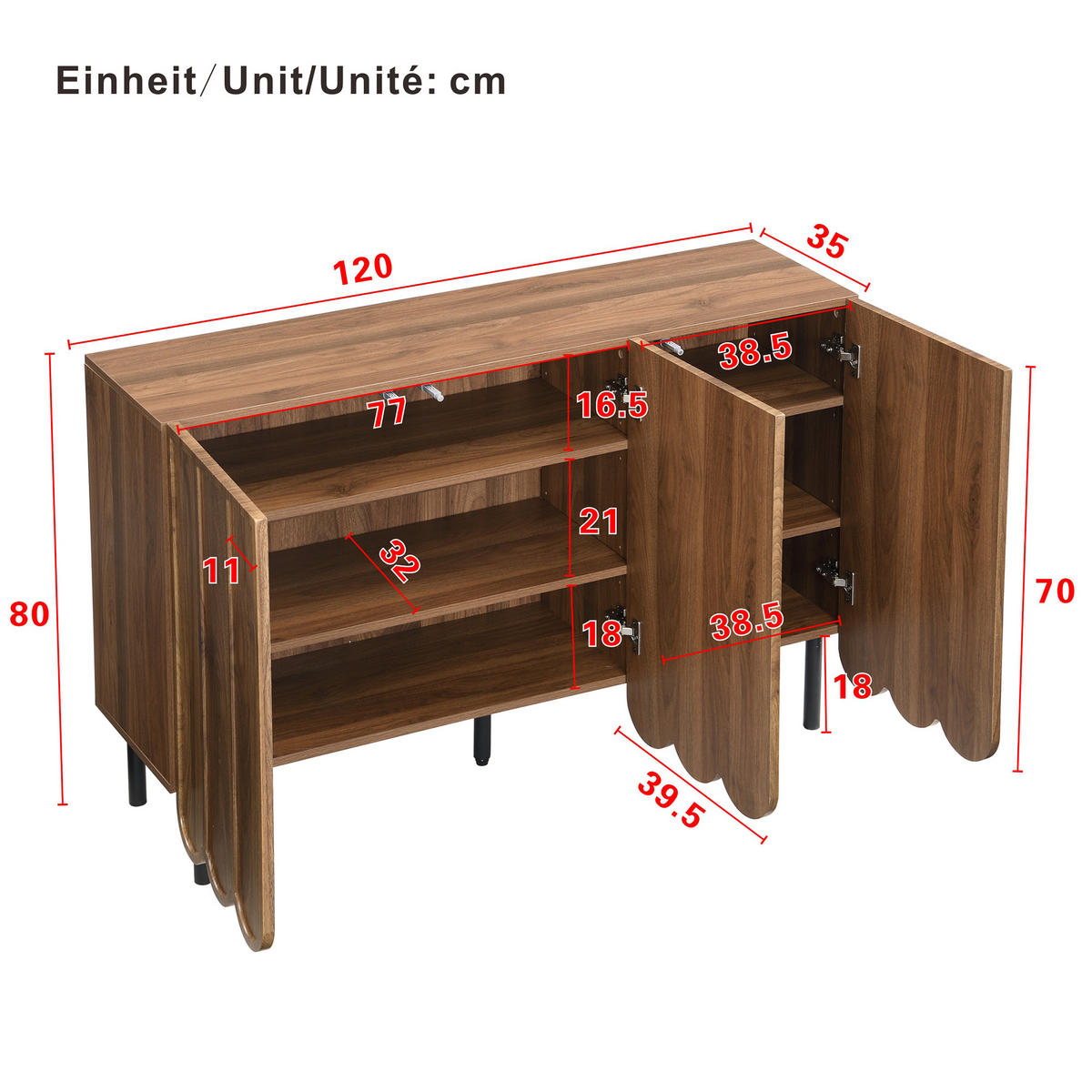 SIDEBOARD aus MDF in Walnussoptik mit Wellentüren und griffloser Rebound-Öffnung, 120/35/80 cm, Walnussoptik - Naturfarben, Holzwerkstoff (35/80/120cm) - Redom