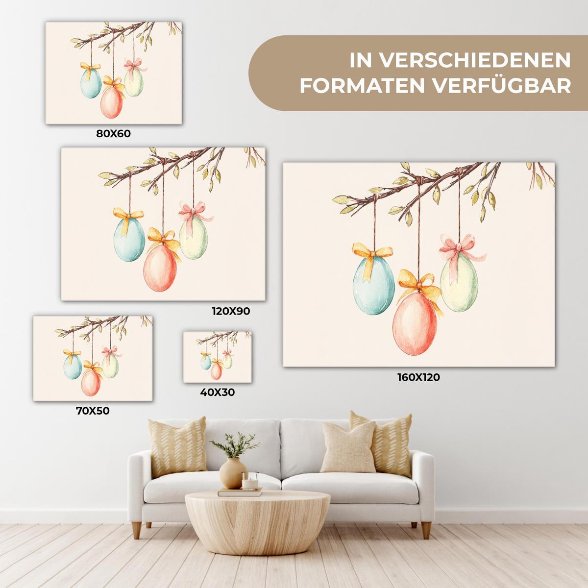 LEINWANDBILD Osterkuchen - Schleife - Eier Wandbilder 80x60 cm - Creme, Textil (80/60cm) - MuchoWow