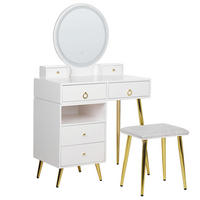 SCHMINKTISCH mit rundem LED-Spiegel Hocker 6 Schubladen weiß/gold Yves - Goldfarben/Weiß, Holzwerkstoff (98/133/38cm) - Beliani