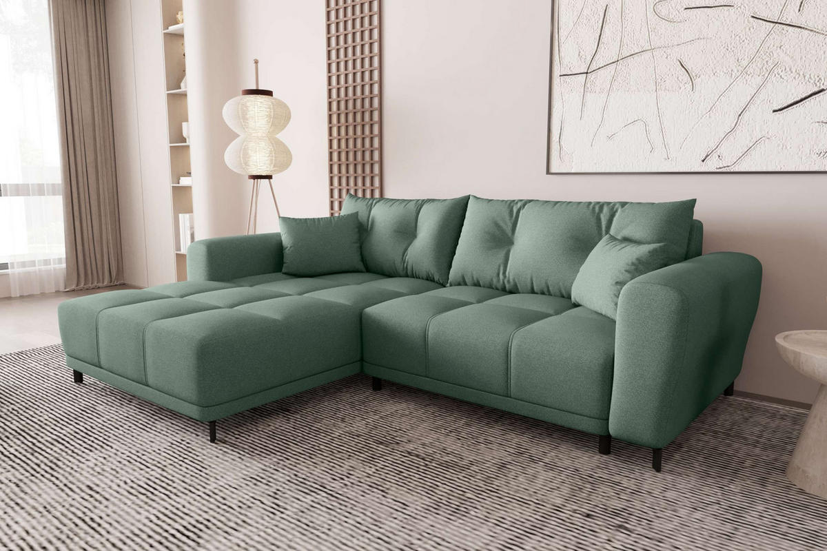 ECKSOFA Massimo Strukturstoff Salbeigrün inkl. Schlaffunktion Links - Salbeigrün/Schwarz, Textil/Metall (246/177cm) - 99rooms