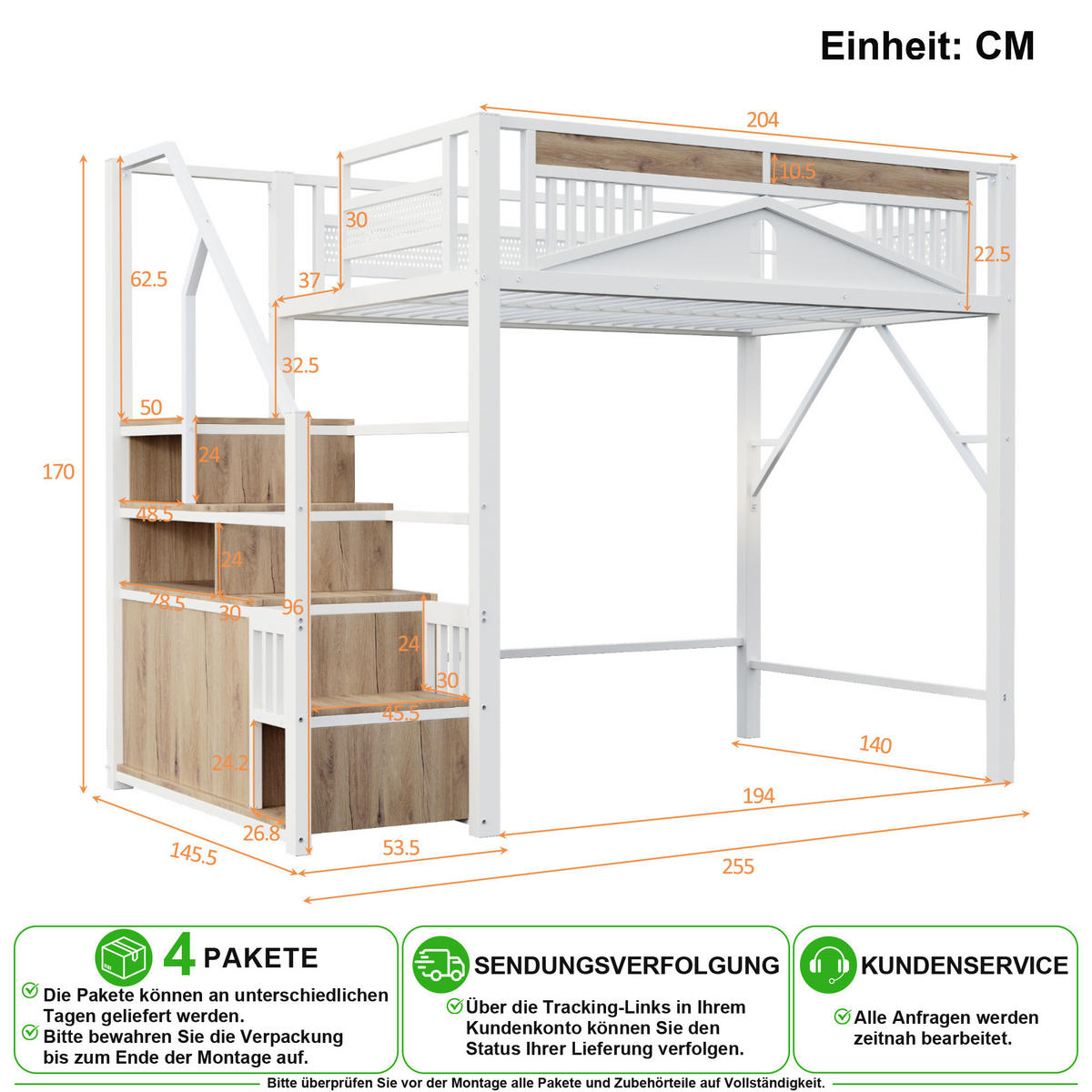 HOCHBETT 140/200 cm in Weiß mit Stauraum, Schrank und Fensterdesign - Weiß, Holzwerkstoff/Metall (140/200cm) - CHICFURN