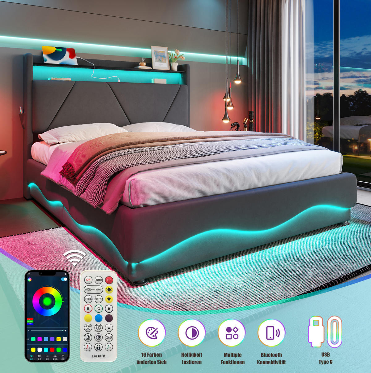 POLSTERBETT 140/200 cm aus Samt mit LED-Kopfteil und Stauraum Dunkelgrau - Dunkelgrau, Textil (140/200cm) - Modenvie
