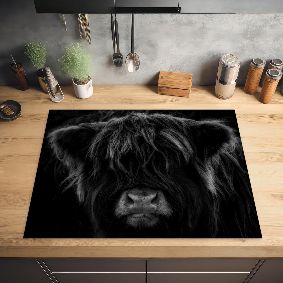 HERDABDECKPLATTE Schottischer Highlander - Kuh - Schwarz - Weiß - Tiere Induktionsmatte 77x59 cm - Schwarz, Kunststoff (77/59/0.2cm) - MuchoWow