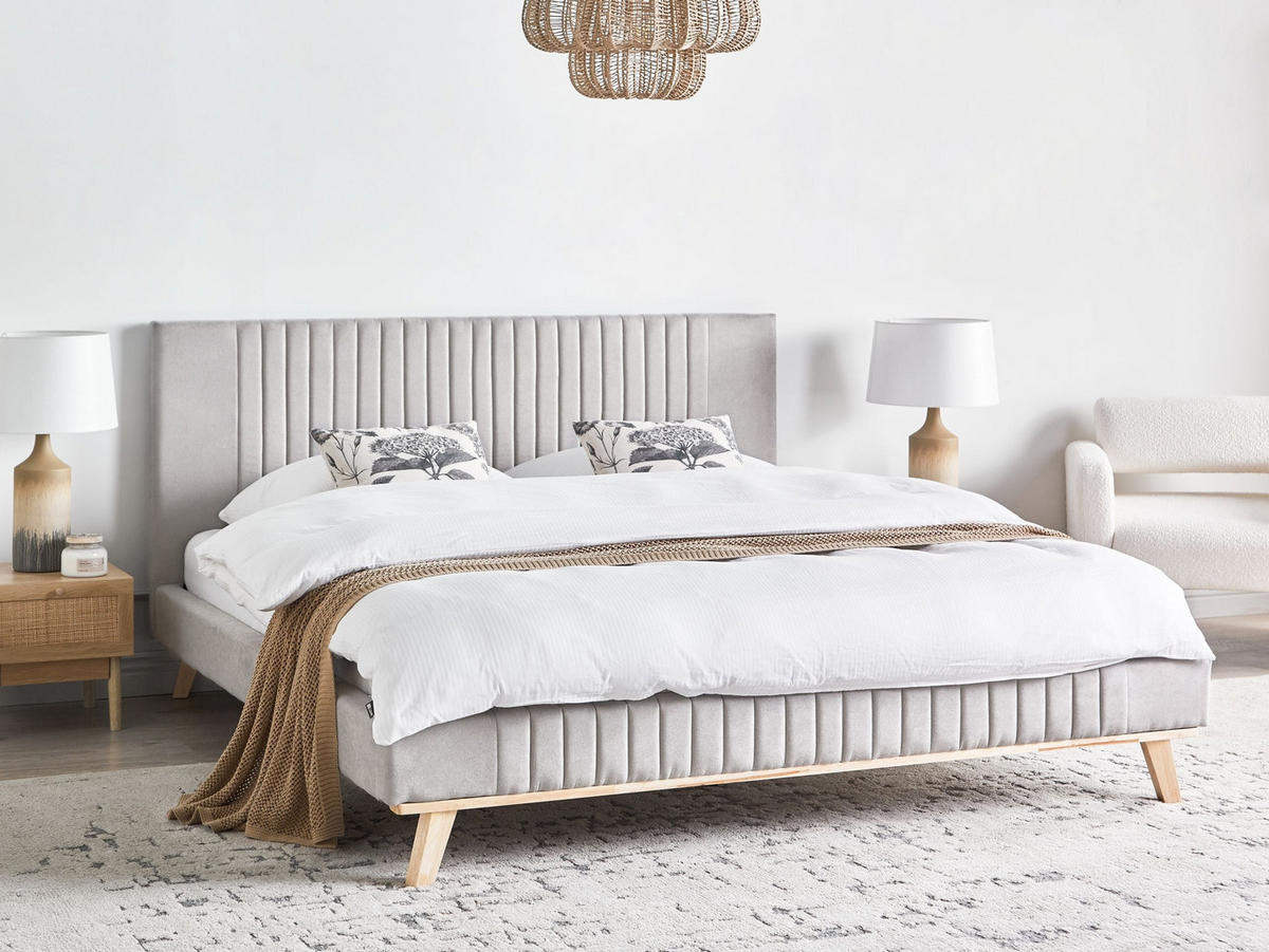 BETT mit Lattenrost 180/200 cm Hellgrau Talence - Hellgrau/Braun, Textil (180/200cm) - Beliani
