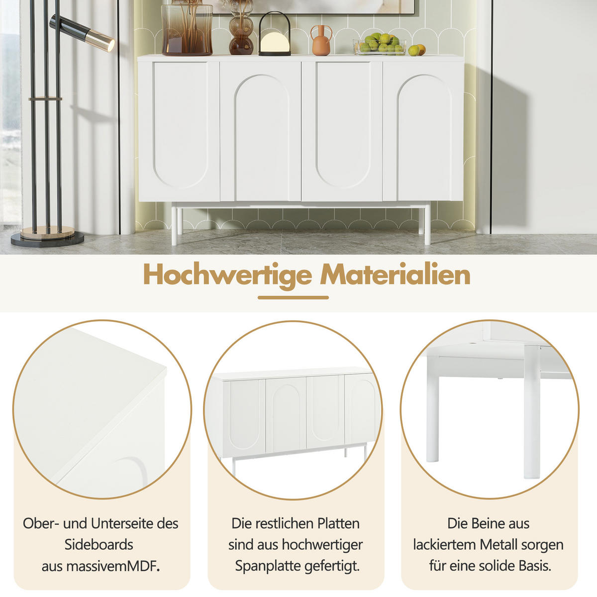 SIDEBOARD mit Druck-zu-Öffnen Türen, 140/42/80cm - Weiß, Holzwerkstoff (140/80/42cm) - Urban Meuble