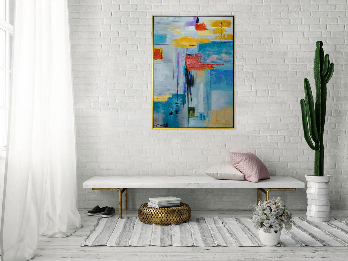 RUČNE MAĽOVANÝ AKRYLOVÝ OBRAZ 77,5/102,5 cm, viacfarebný, abstraktný geometrický motív - viacfarebná, textil (77.5/102.5cm) - KUNSTLOFT