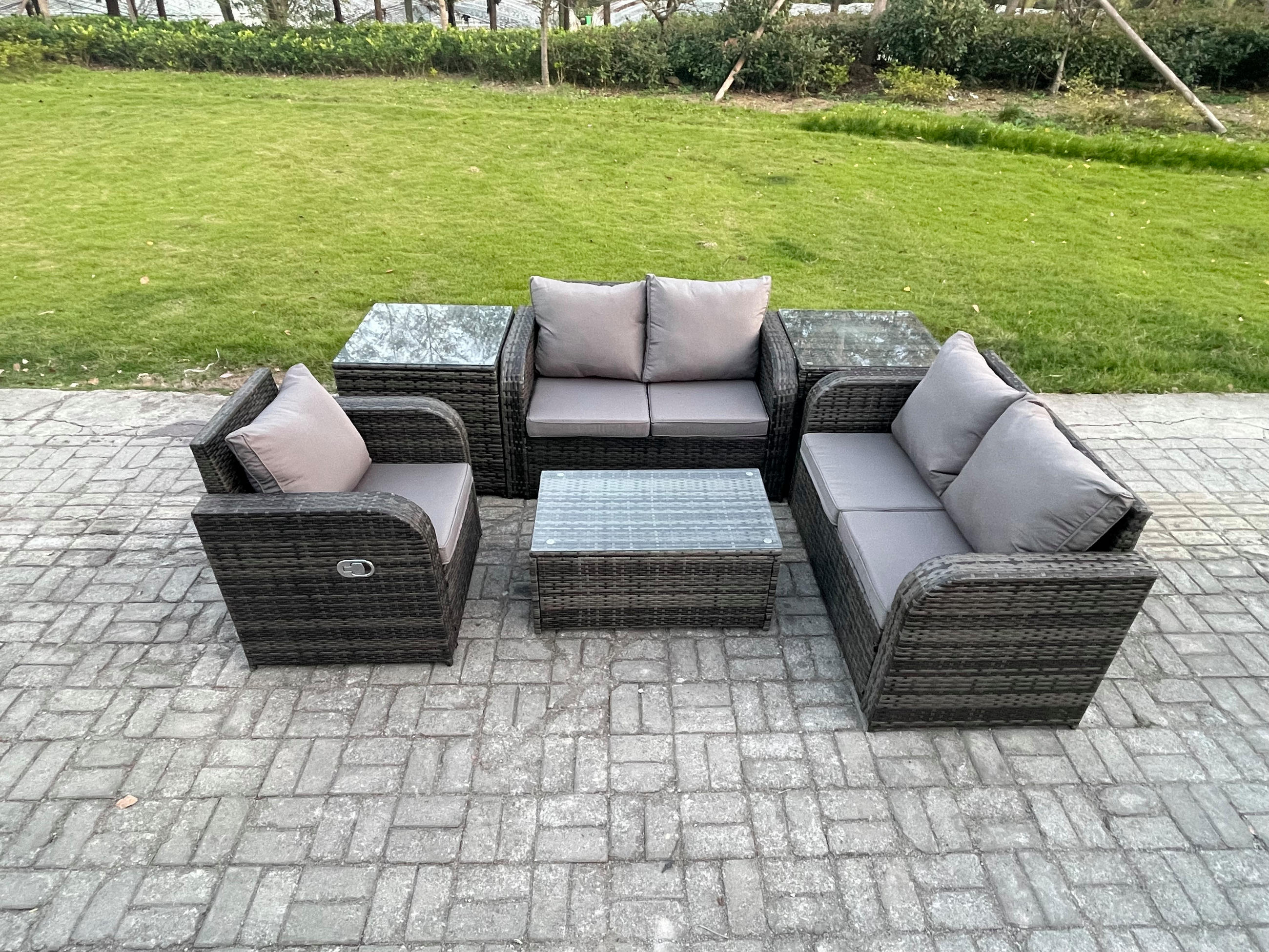 LOUNGESOFA-SET Polyrattan Dunkelgrau 5-Sitzer - Dunkelgrau, Metall - Fimous