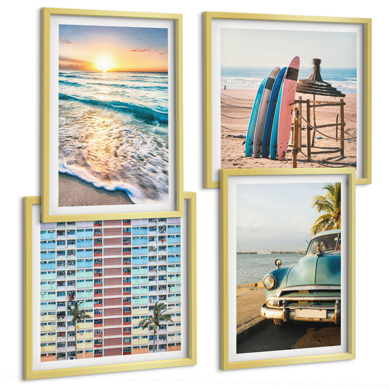 BILDER SET 4er Set - 50x50 cm & 40x60 cm Goldrahmen - Sonnenuntergang in Miami - Goldfarben, Kunststoff (50/50cm) - TULUP