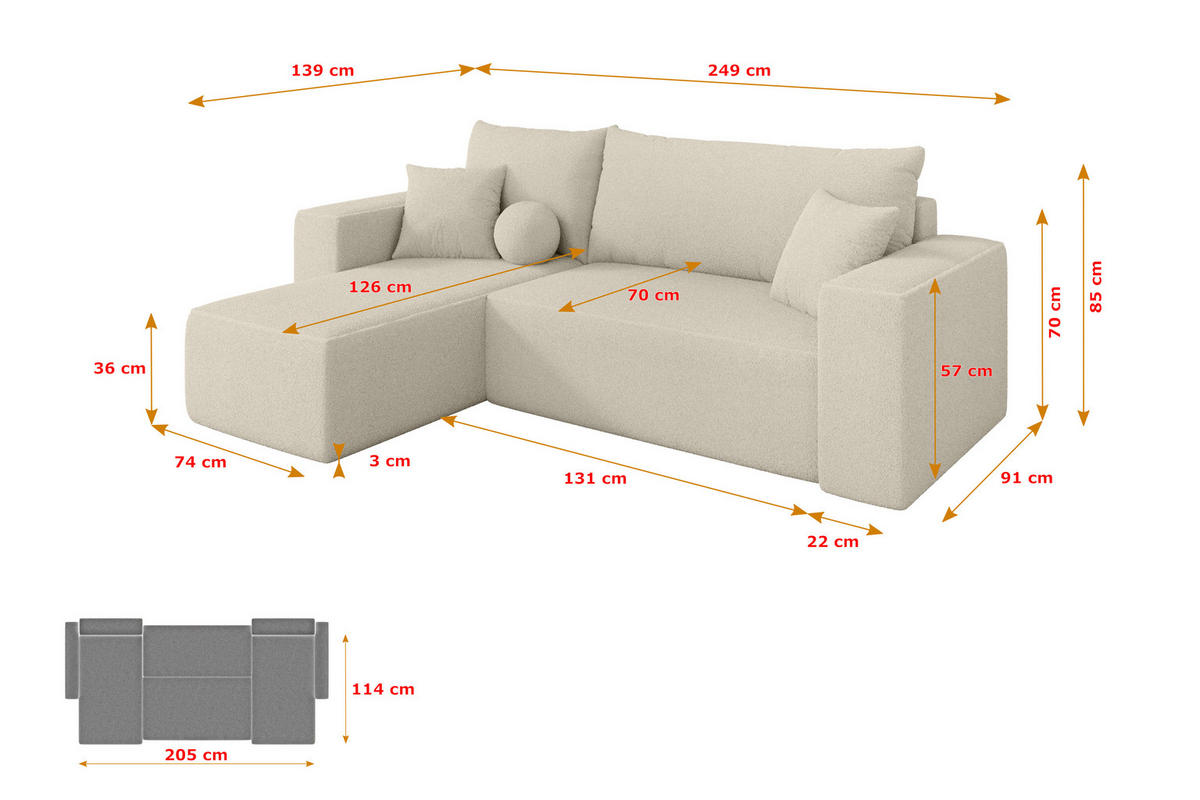 ROHOVÁ SEDAČKA s funkcí spaní, otoman vlevo SENO-L 249x139x85 béžová bouclé - černá/písková barva, kompozitní dřevo/textil (249/139cm) - ALTDECOR