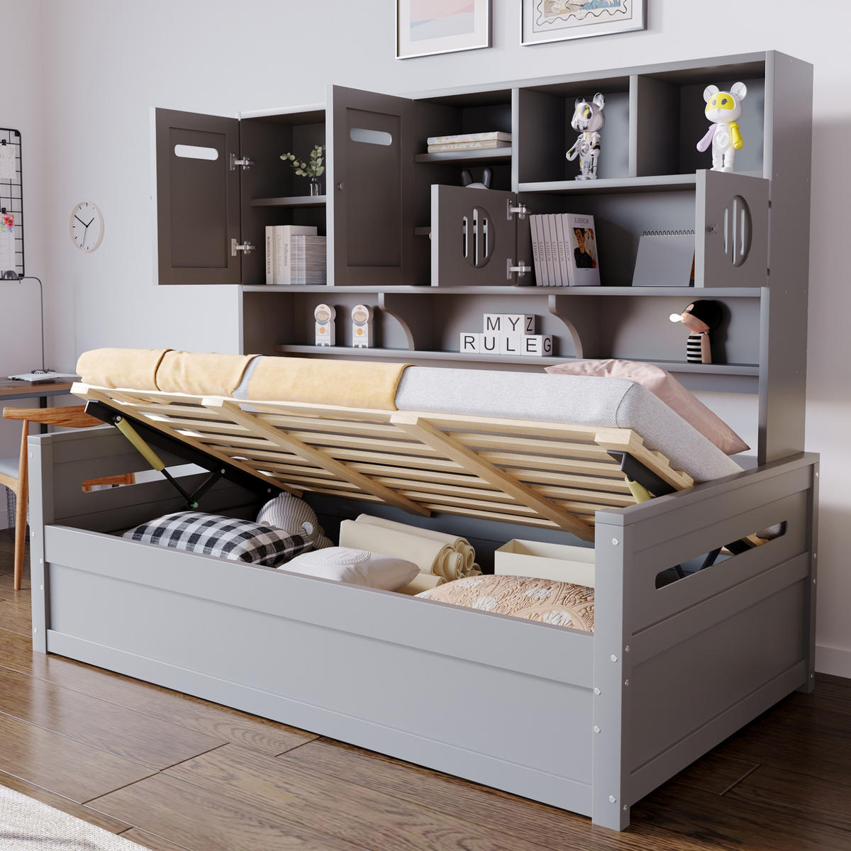 BETT 90/200 cm Grau aus Holz mit hydraulischem Stauraum - Grau, Holz (90/200cm) - OKMYHOME