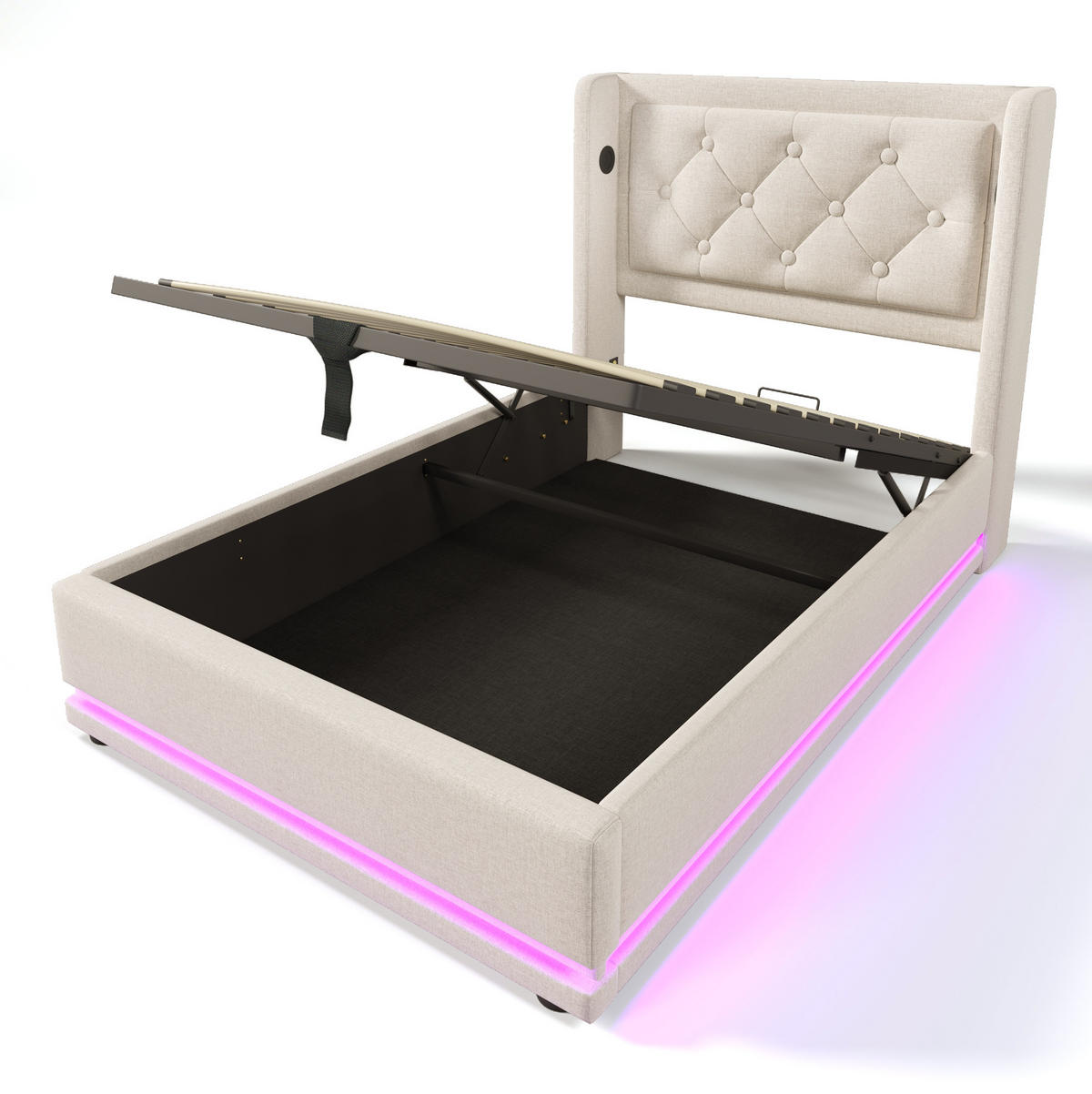 POLSTERBETT 90/200 cm mit USB, Typ-C, Matratze, 3-seitiger LED und hydraulischem Stauraum, Beige - Beige, Textil (90/200cm) - Redom