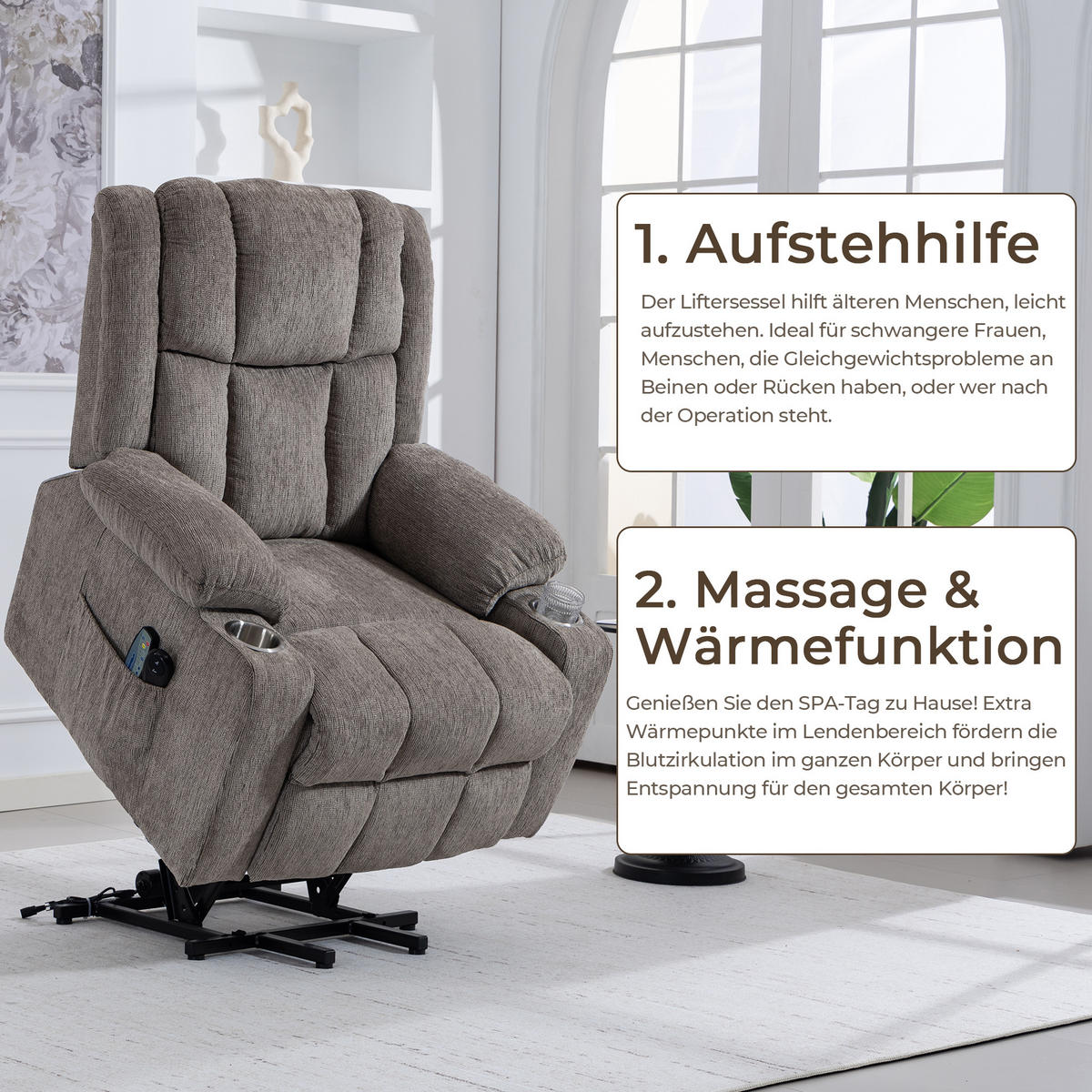RELAXSESSEL Samt mit Aufstehhilfe, Massage, Wärmefunktion 91/84/106 cm Hellbraun - Hellbraun, Textil (84/106/91cm) - Redom