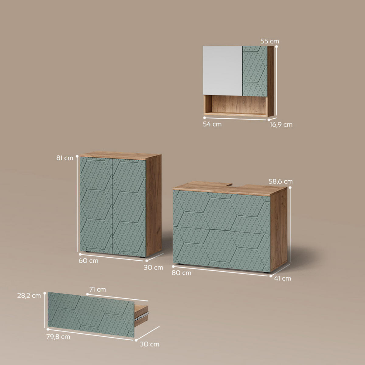 BADMÖBEL-SET Ronco Grün/Goldkraft Eiche 3 Teile, mit Unterschrank 80 cm - Eiche Wotan/Grün, Holzwerkstoff (80/58/41cm) - Livinity®
