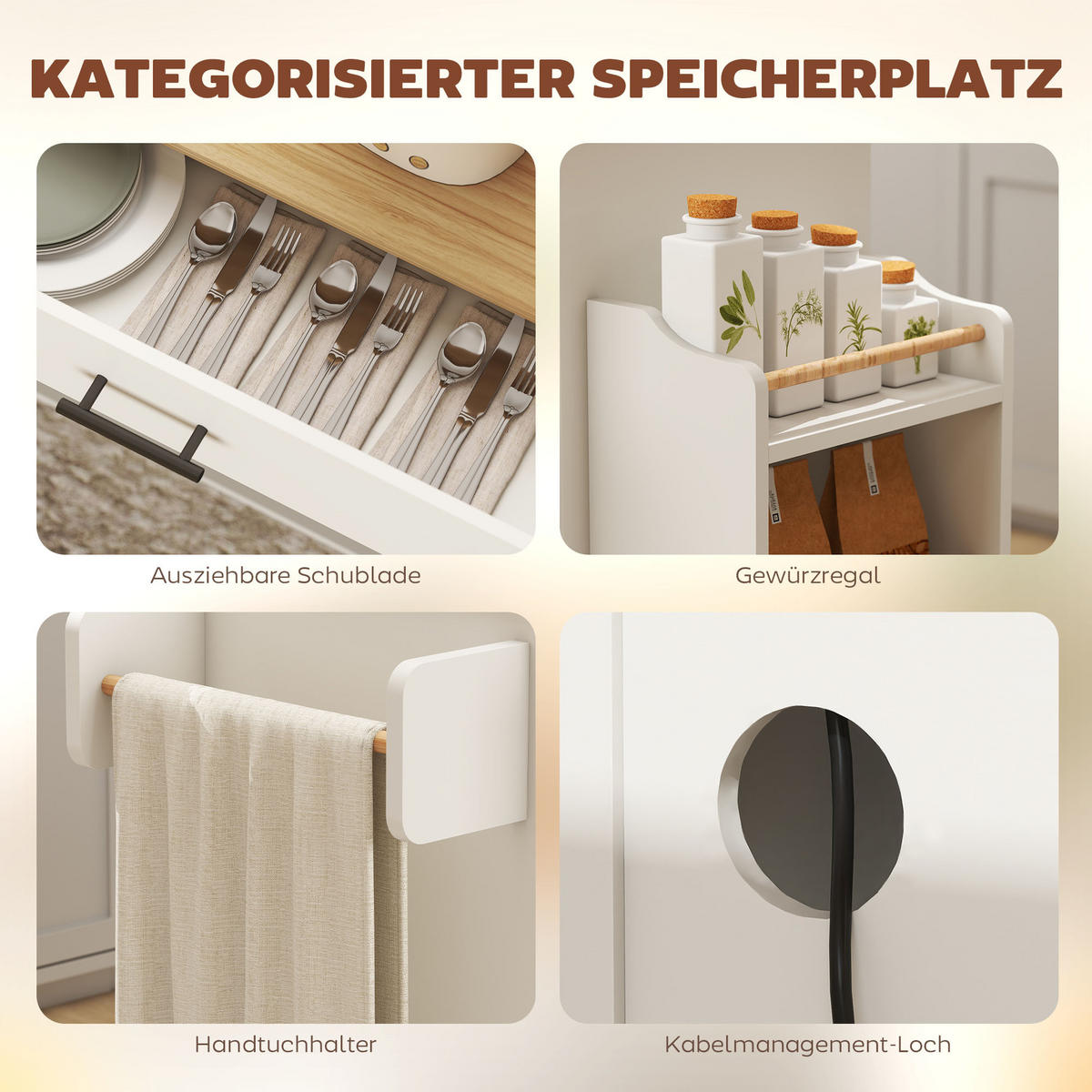 KÜCHENINSEL Küchenwagen auf Rollen mit abklappbarer Arbeitsplatte Ablage Weiß - Schwarz/Weiß, Holzwerkstoff (68/85/120cm) - HOMCOM