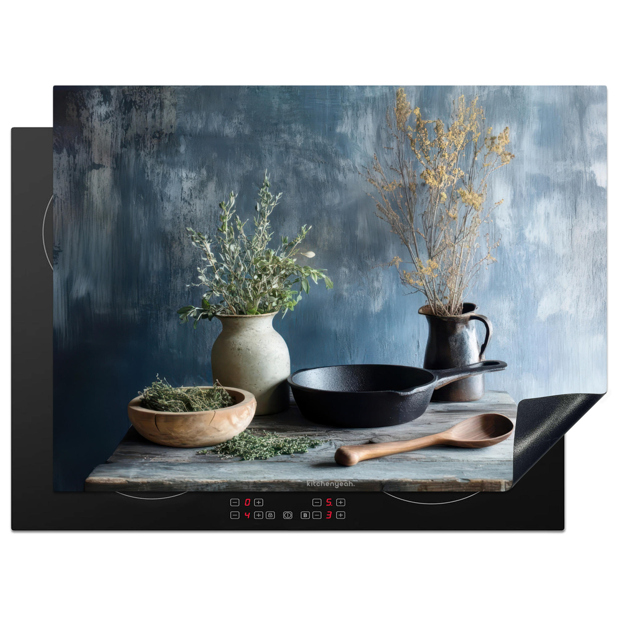 HERDABDECKPLATTE Stilleben - Kräuter - Rustikal Induktionsmatte 71x52 cm - Blaugrau, Kunststoff (71/52/0.2cm) - MuchoWow