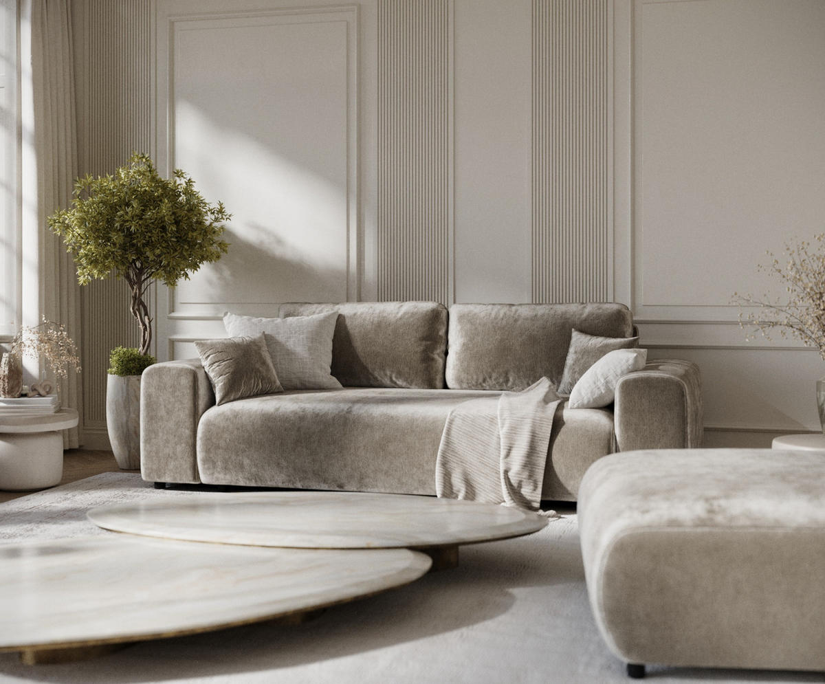 3-SITZER-SOFA Zanzibar Beige Chenille - Beige/Schwarz, Holz/Holzwerkstoff (213/79/108cm) - Maison de Reve