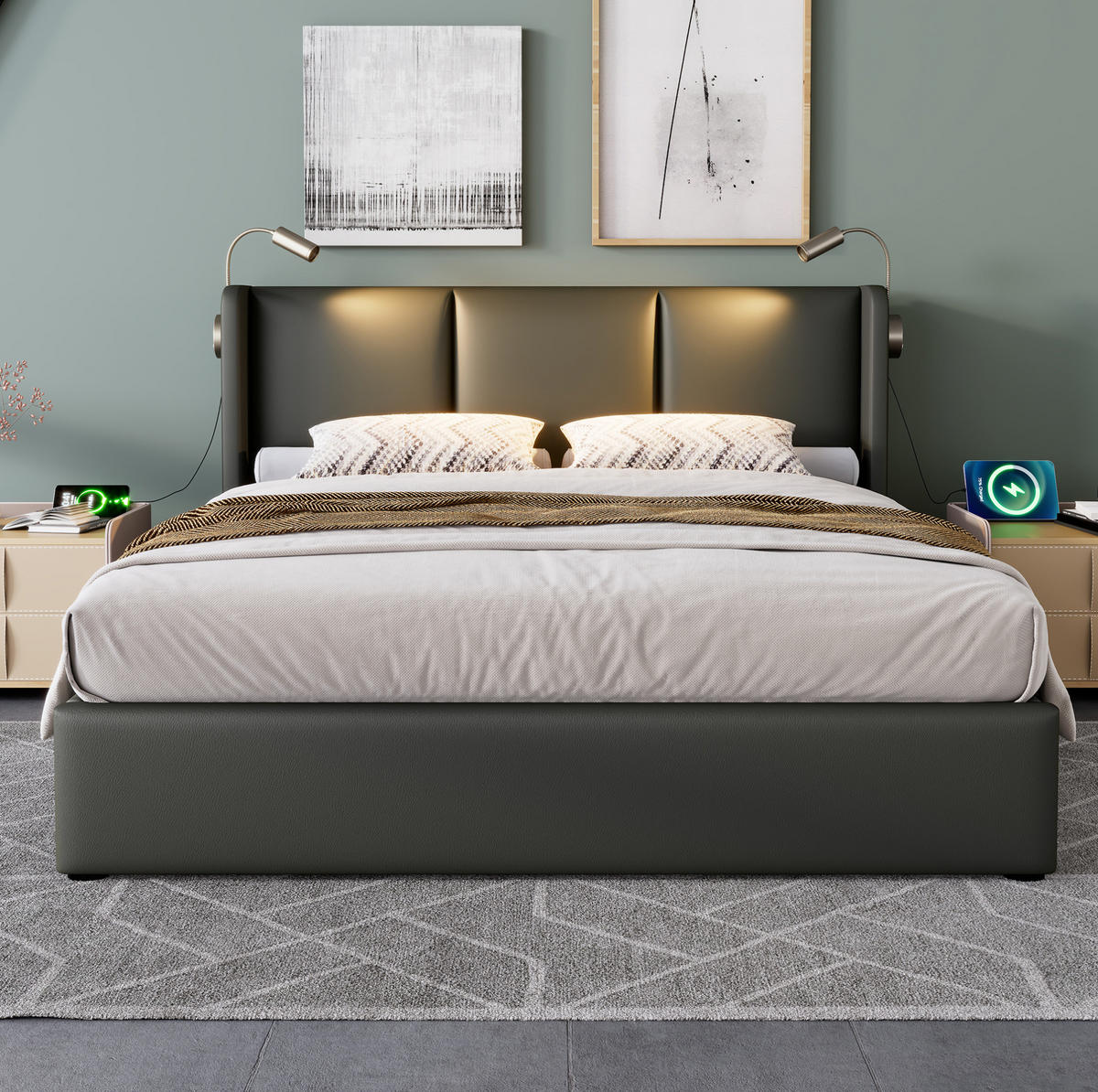ČALOUNĚNÁ postel 140/200 cm šedá z PU s úložným prostorem a čtecím světlem USB - šedá, plast (140/200cm) - OKWISH