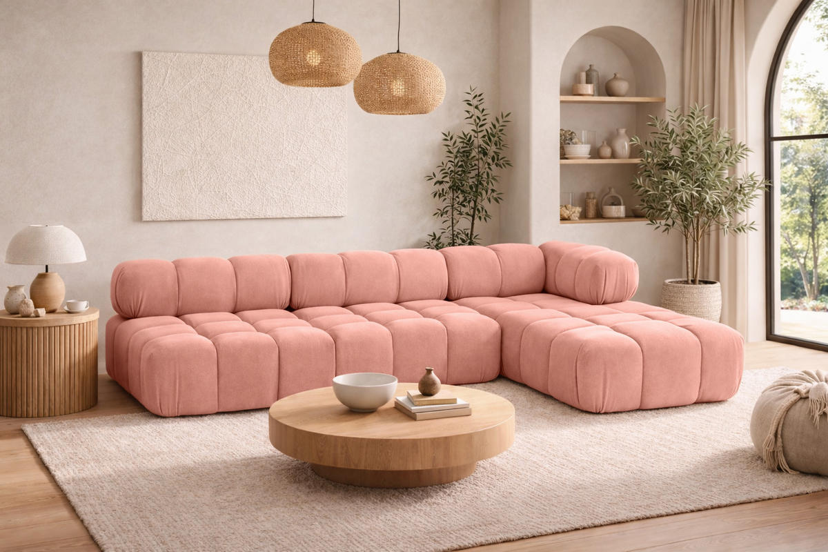 ECKSOFA L-Form Modulare, Veloursstoff Salvador, Rosa, Rechts, Selia - Rosa, Holz (285/160cm) - Kaiser Möbel