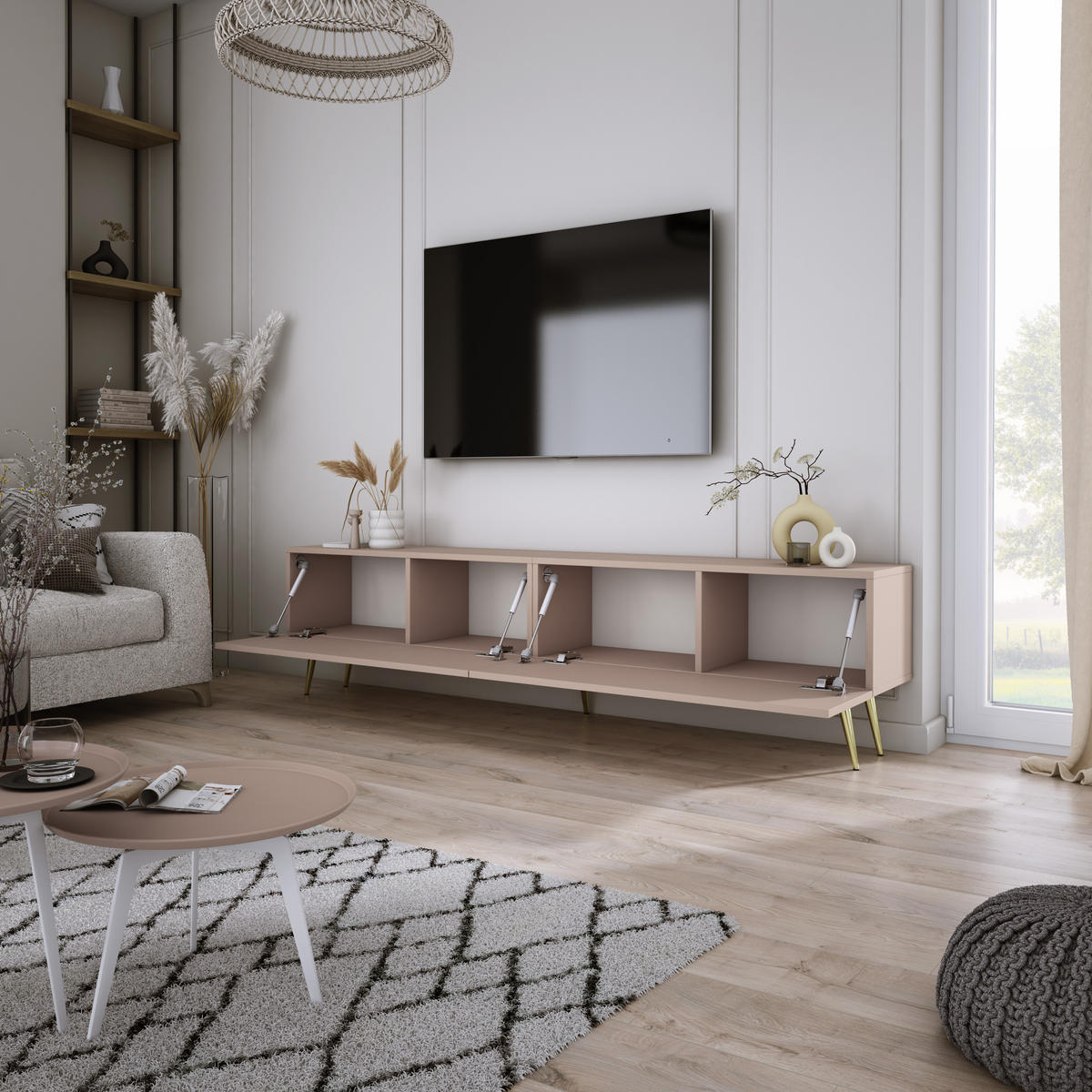 TV-SCHRANK : Karamellbraun, 170 x 52 x 32 cm, Goldene Beine - Goldfarben/Braun, Holzwerkstoff/Metall (170/52/32cm) - 3XE LIVING