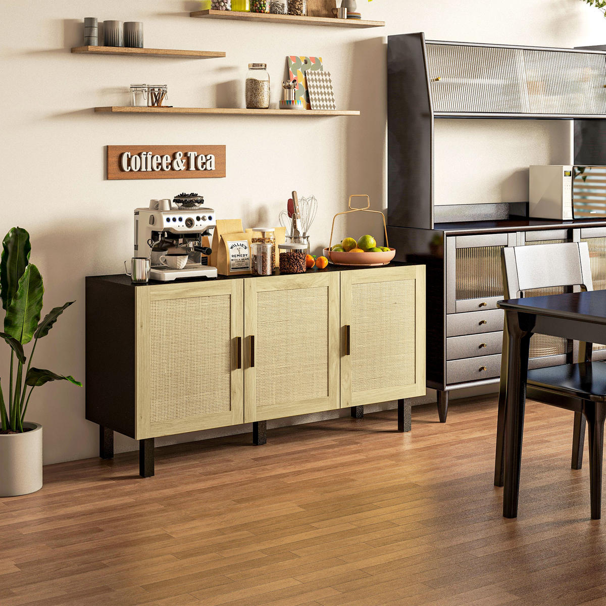 SIDEBOARD DE-11149 3 Korb-Türen Schwarz/Naturholz - Schwarz, Holzwerkstoff (136/70/41cm) - ComfortXL