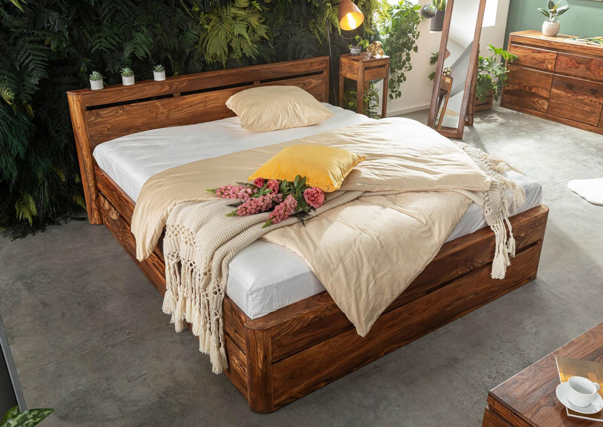 BETT mit Schublade Massivholz Akazie / Sheesham 180 x 200 x 90 walnussbraun TORONTO #254 - Walnussfarben, Holzwerkstoff (180/200cm) - Massivmoebel24