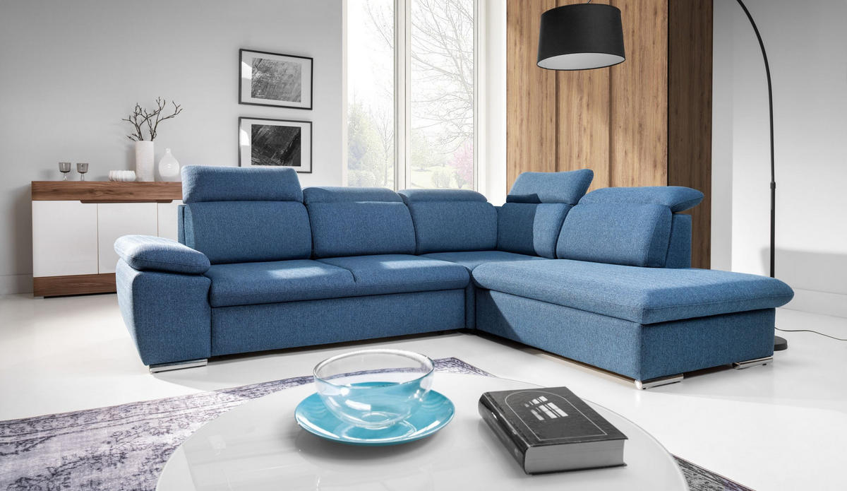 ECKSOFA ROSSI Blau Plüsch-Stoff mit Schlaffunktion - Blau, Holz (280/230cm) - MASSENO