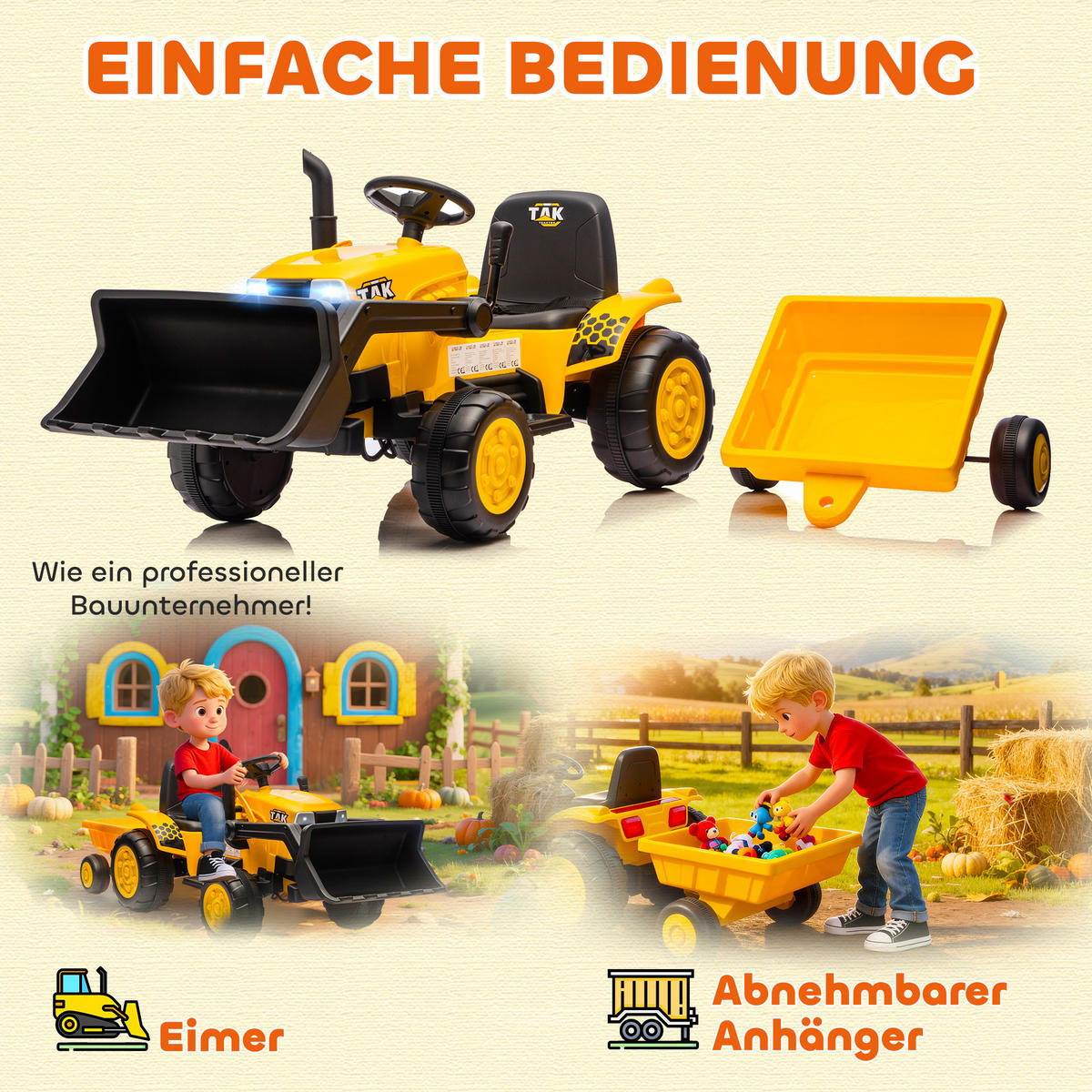 KINDER-ELEKTRO-BAGGER mit Anhänger 12V mit Fernbedienung - Gelb, Kunststoff (146/58/58.5cm) - AIYAPLAY