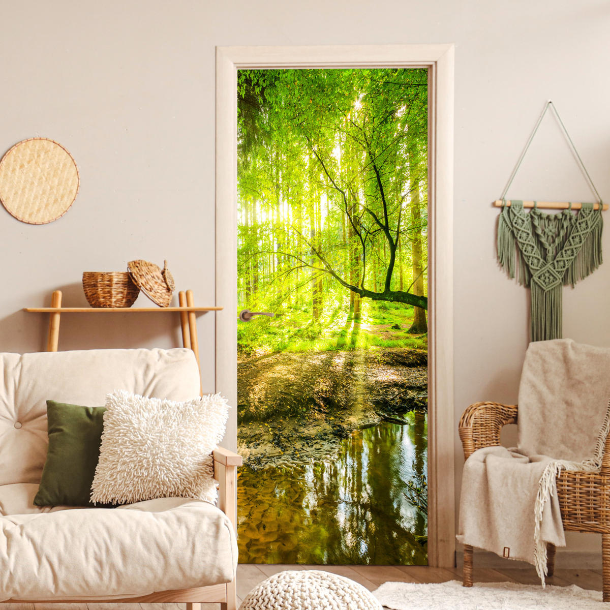 TÜRAUFKLEBER Wald - Landschaft - Wasser - Bäume - Sonne - Grün - Natur 80x215 cm - Türtapete - Hellgrün, Kunststoff (80/0.1cm) - MuchoWow