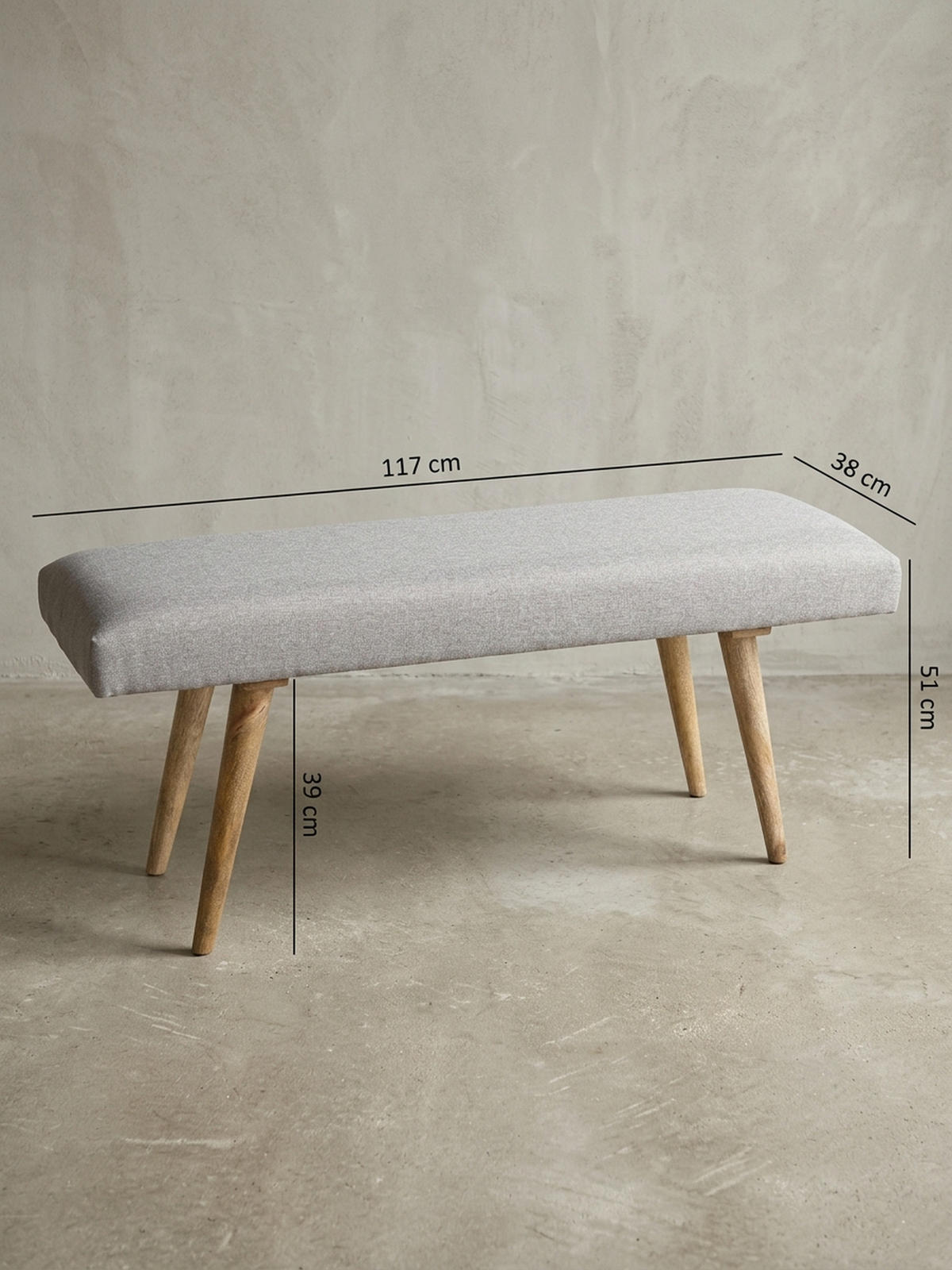 SITZBANK SILE Retro Stil Stoffbezug Massivholz, Grau 117x38x51 cm - Braun/Grau, Mangoholz/Textil (117/51/38cm) - KADIMA DESIGN