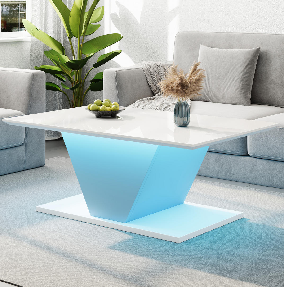 COUCHTISCH mit LED 100 x 50 x 46 cm Hochglanz Weiß V-Form - Weiß, Holzwerkstoff (100/50/46cm) - Meubliv