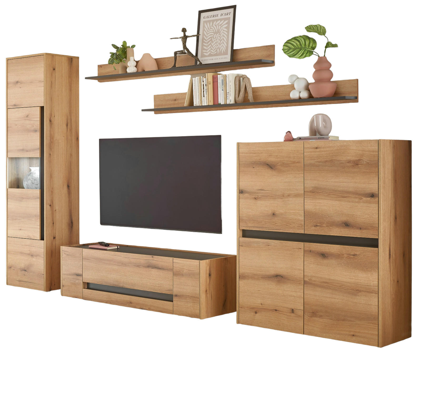 WOHNWAND Evoke Eiche, grau, Wohnkombination Set 5-teilig 350 cm - Eichefarben/Grau, Glas/Holz (350/197/45cm) - Furn.Design