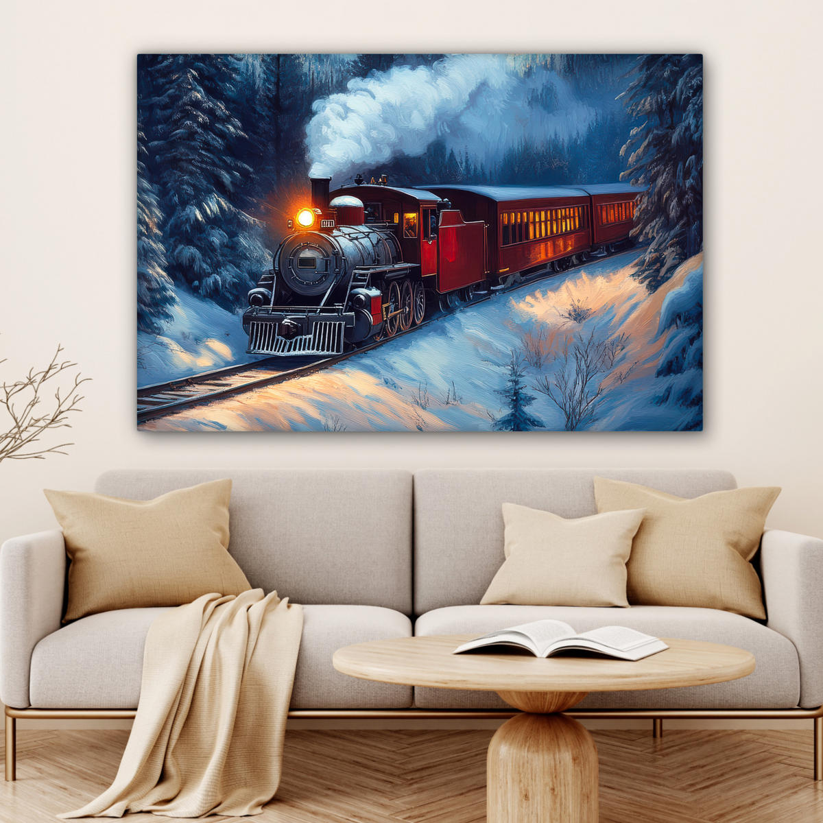 LEINWANDBILD Zug - Weihnachten - Schnee - Weihnachtszug Groß 140x90 cm - Anthrazit, Textil (140/90cm) - MuchoWow