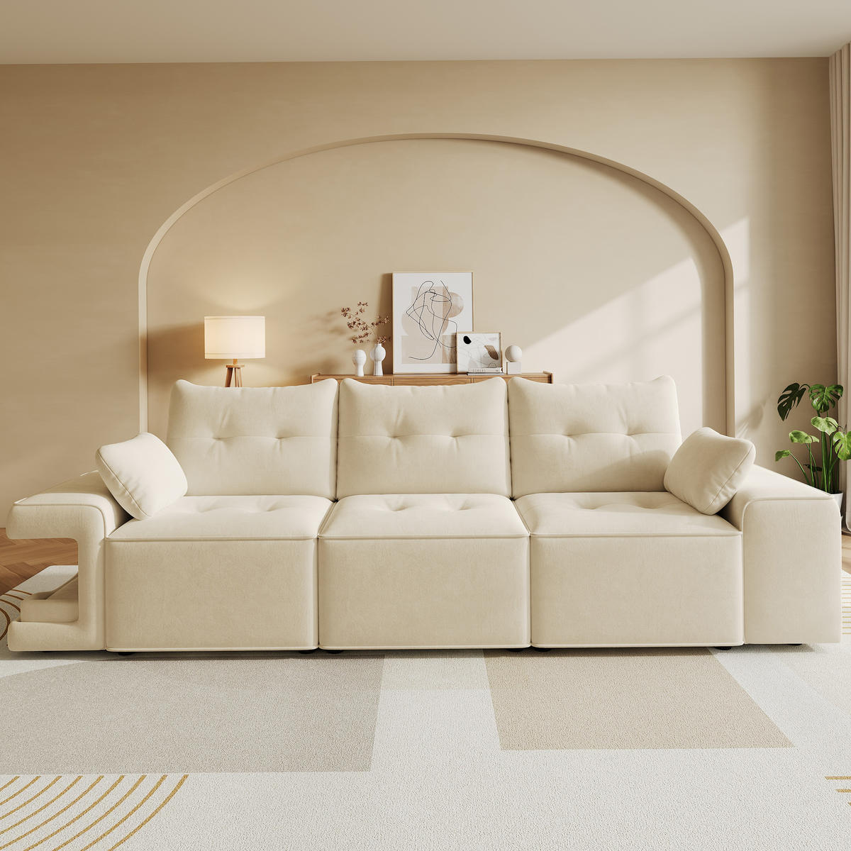 SOFA Beige 3 Sitzer Stauraum breite Armlehnen Kissen - Beige, Textil (78/84/229.5cm) - FLIEKS