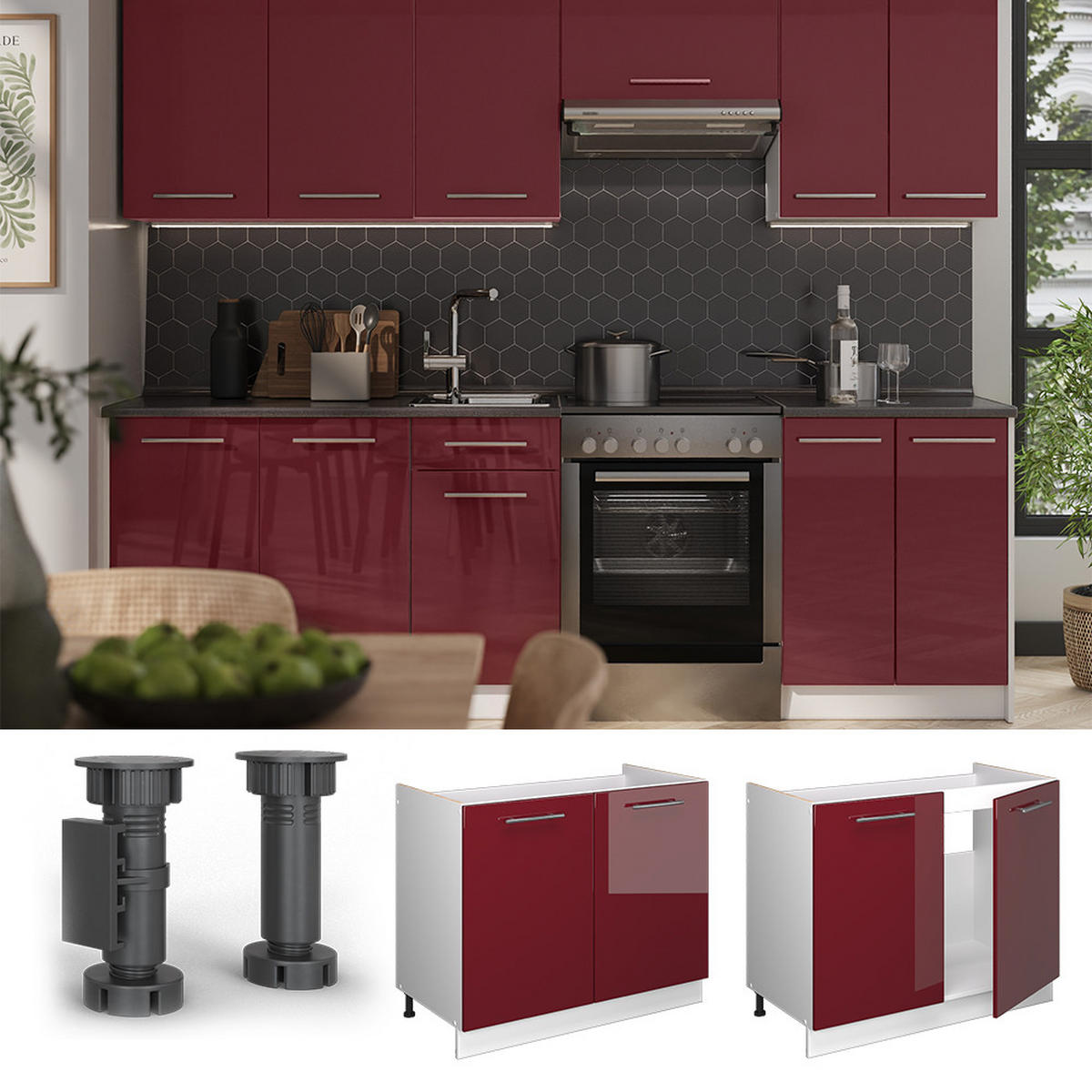 SPÜLENUNTERSCHRANK Fame-Line, Bordeaux Hochglanz/Weiß, 100 cm, AP Anthrazit - Bordeaux/Weiß, Holzwerkstoff (100/82/60cm) - Vicco