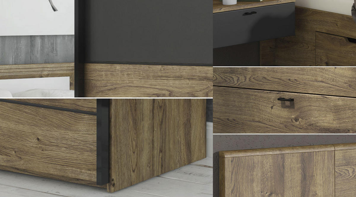 DOPPELBETT MIT NACHTKONSOLEN Roma Eiche ribbeck / dunkelgrau 298 / 207 / 90cm - Eichefarben/Schwarz, Holz/Holzwerkstoff (160/200cm) - Feldmann-Wohnen