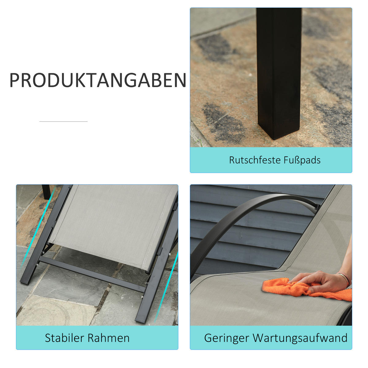 GARTENLIEGE mit Tisch, 59L x 169B x 66H cm, Metall, Mesh, Grau+Schwarz - Grau, Kunststoff (59/66/169cm) - Outsunny