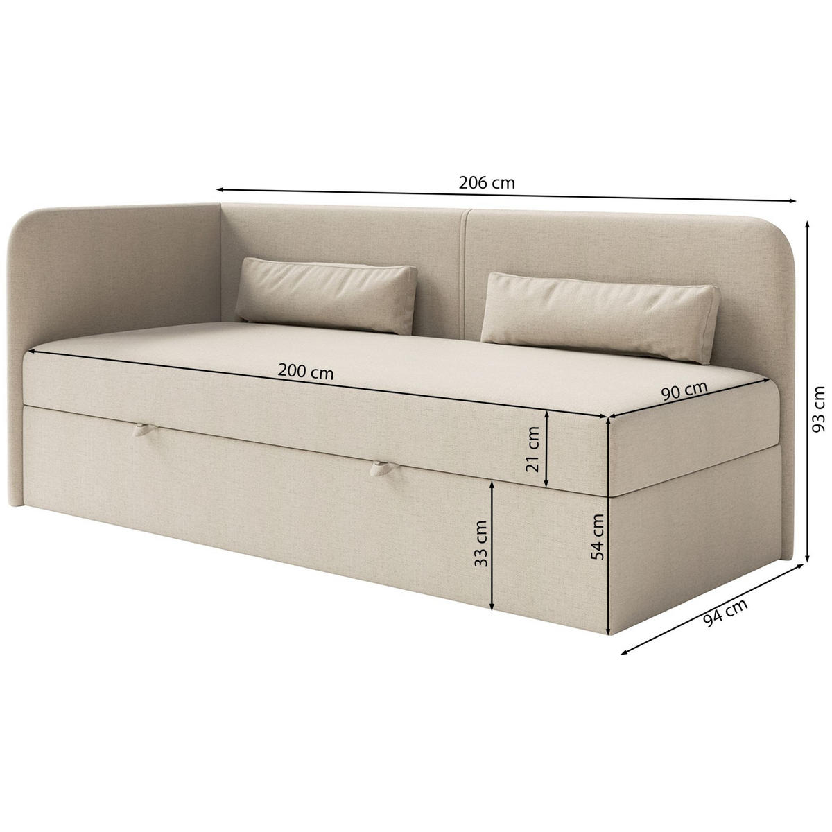 JUGENDBETT Calmmo Dunkelbeige mit Chenille-Bezug, Kopfteil links - Beige, Textil (90/200cm) - Selsey