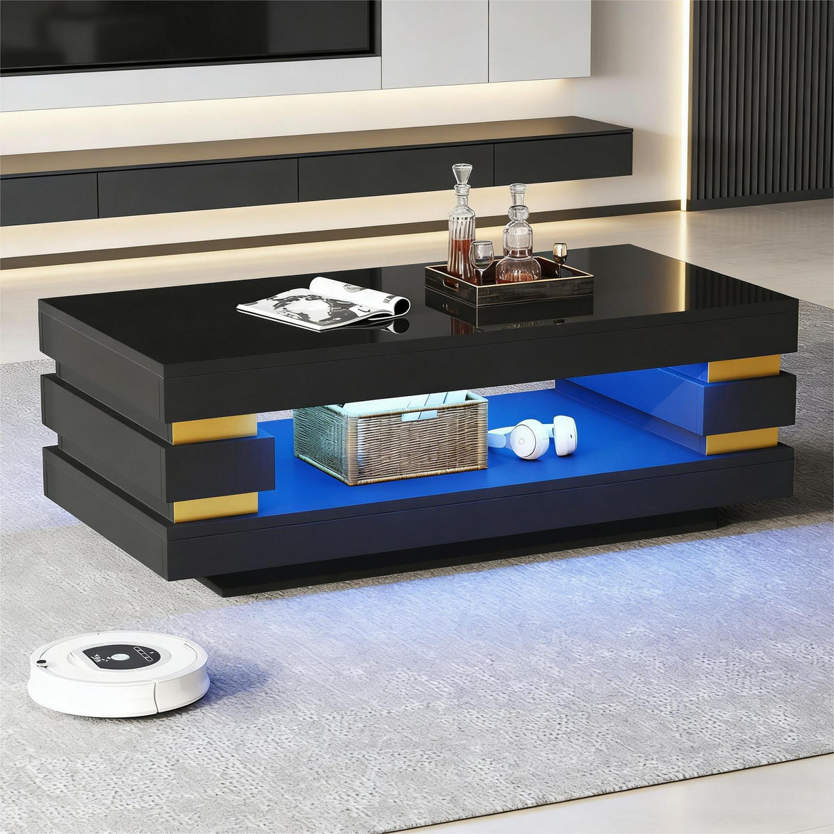 COUCHTISCH Schwarz 100/50/35 cm mit LED-Beleuchtung - Schwarz, Holzwerkstoff (50/100/35cm) - PANGIVO