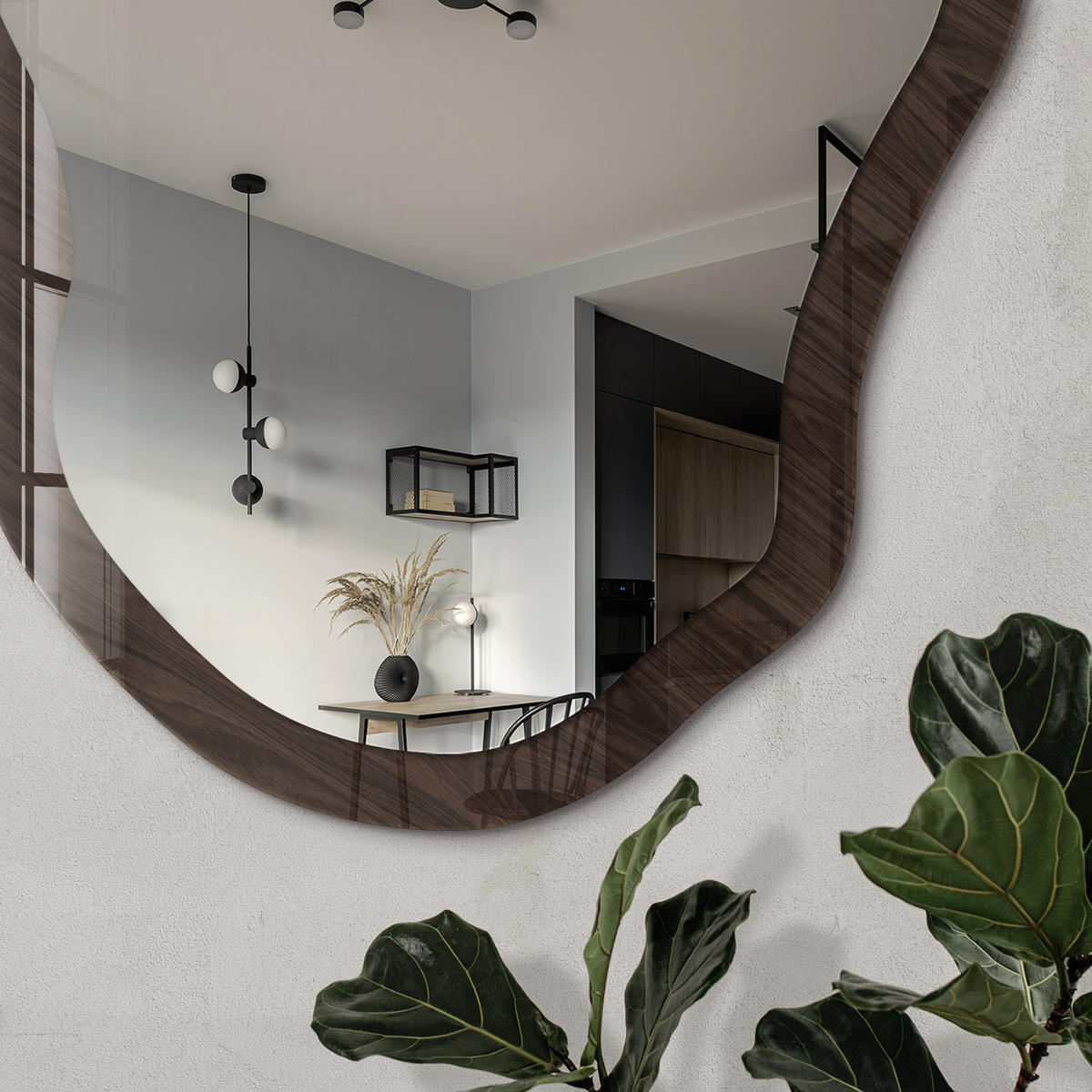 SPIEGEL 90x45 cm asymmetrisch mit Druck - Dunkles Holz - Transparent, Glas (45/90/0.4cm) - TULUP
