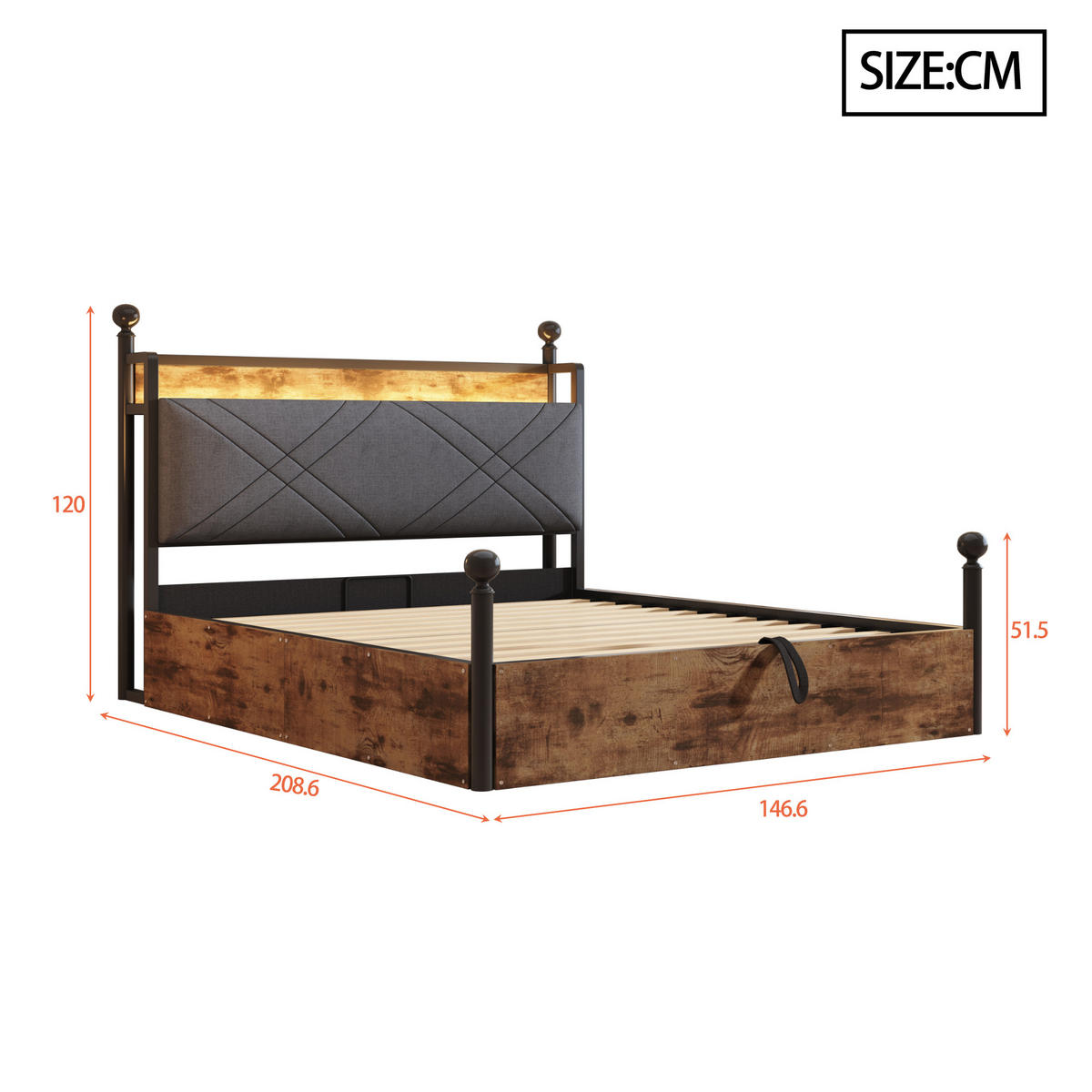 METALLBETT 140/190 cm in Schwarz mit Bettkasten, LED und USB/Type-C Baldachin-Design - Schwarz, Holzwerkstoff/Metall (140/190cm) - STILVORA