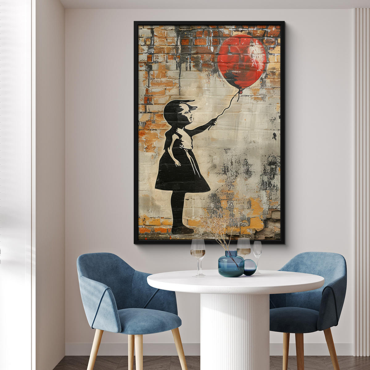 GERAHMTES BILD Graffiti - Banksy - Mädchen - Straßenkunst 80x120 cm - Sandfarben, Papier (80/120cm) - MuchoWow