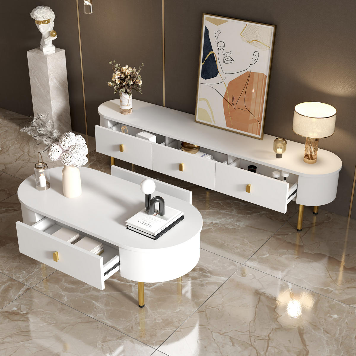 TV-ELEMENT mit Couchtisch - Kombination 2er-Set weiß mit Schubladen goldenen Akzenten - Weiß, Holzwerkstoff (174/41/35cm) - OKWISH